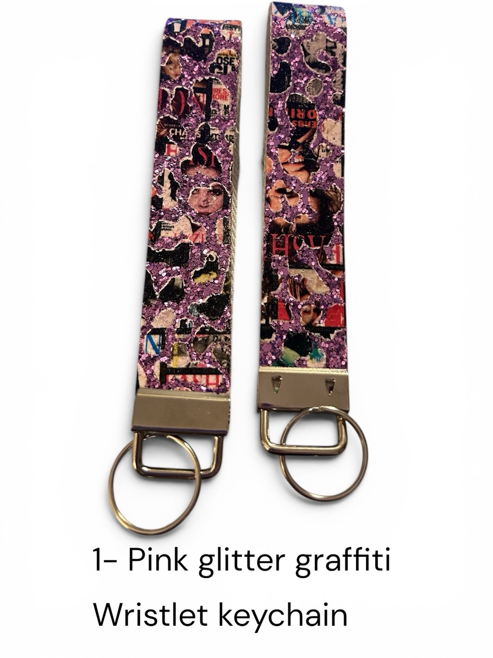 1- Pink Glitter Graffiti Wristlet Keychain